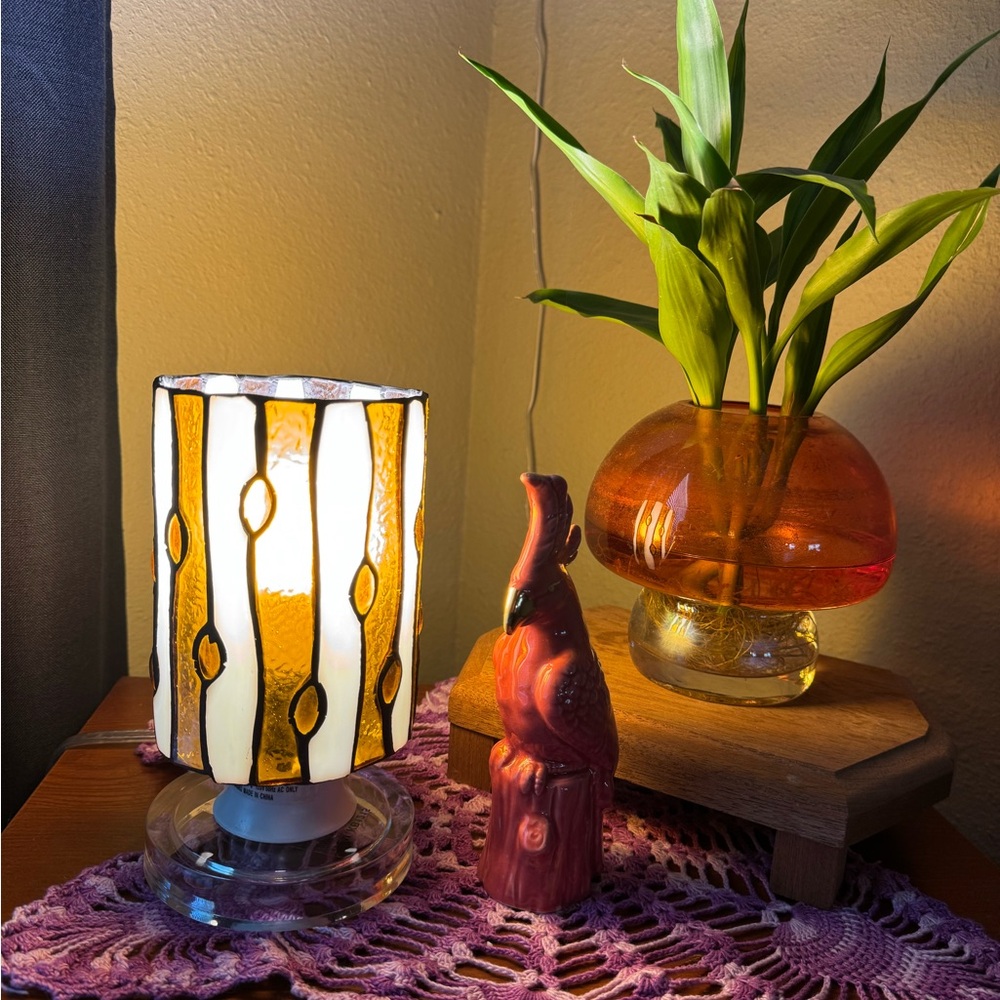 Tiffany Inspired Stained Glass Table Lamp with Orange and Black Accents - Picture 3 of 10